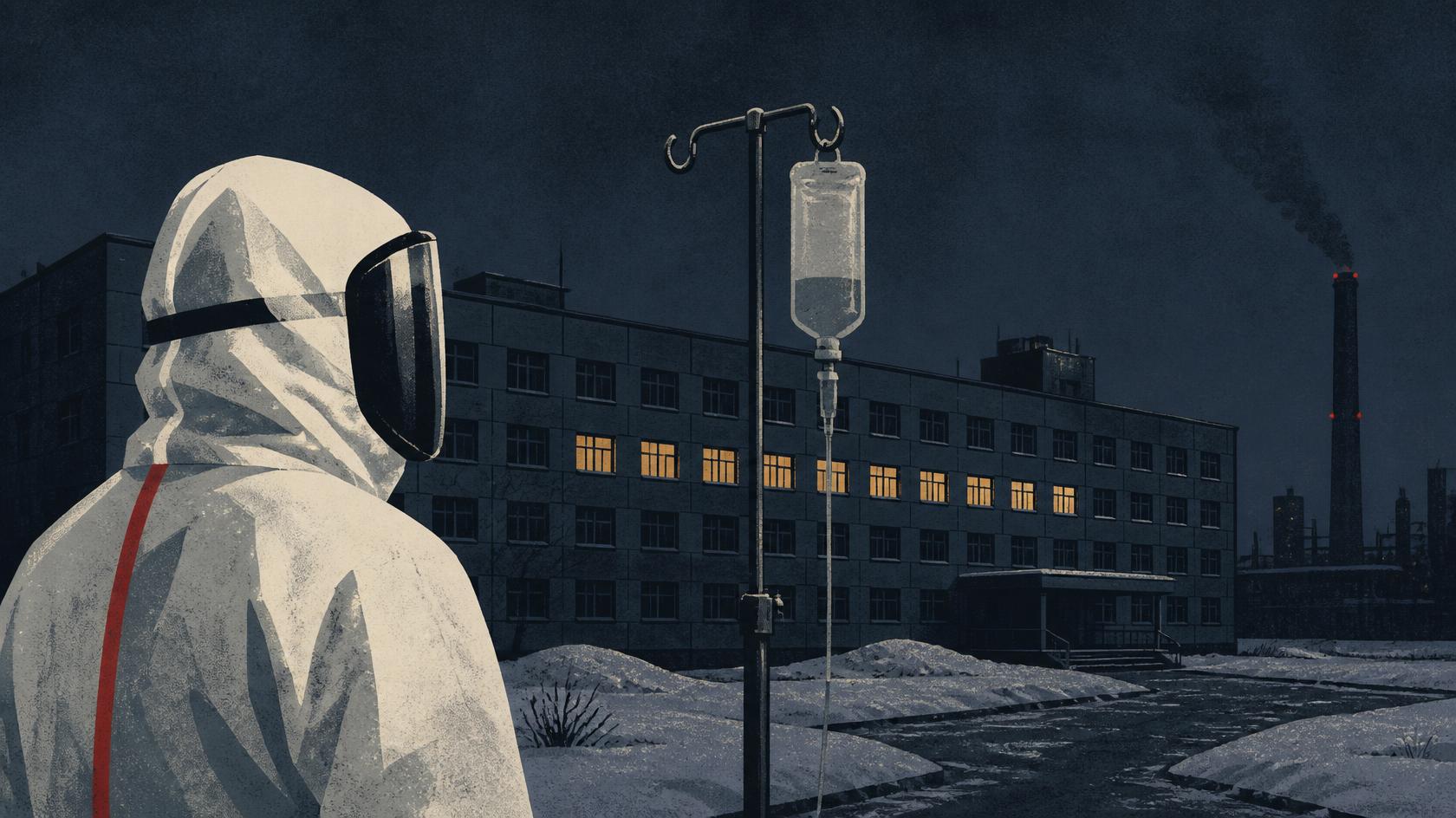 AI-generated illustration: a figure in a hooded white protective suit seen from behind, face hidden behind a dark visor, standing in snow beside an intravenous drip stand. Behind them a long lit Soviet-era hospital block at night, with an industrial chimney smoking on the horizon.