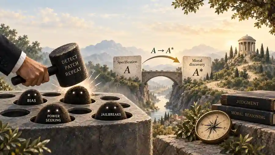 Editorial illustration moving from repeated AI safety patching toward moral discovery: a whack-a-mole board and detect-patch-repeat mallet lead across an A to A-star transition toward a compass, judgment and moral reasoning.