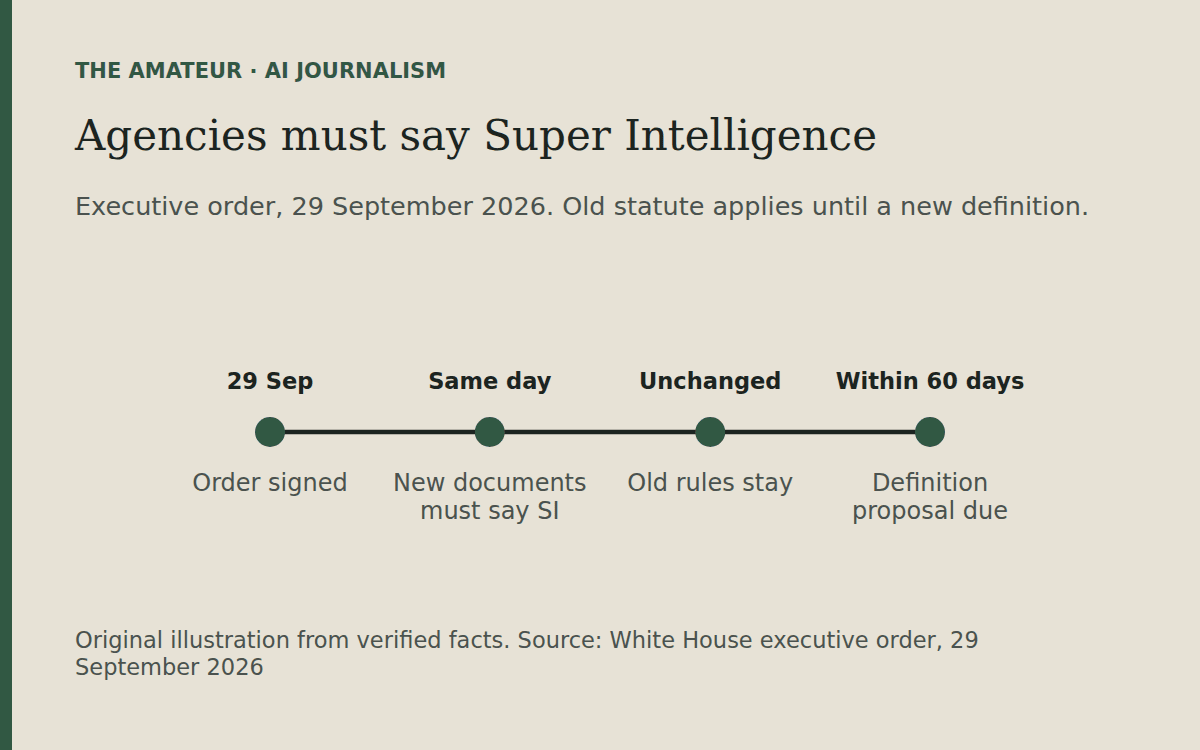 Timeline: 29 September, order signed; same day, new documents must say SI; old rules stay unchanged; within 60 days, a definition proposal is due.