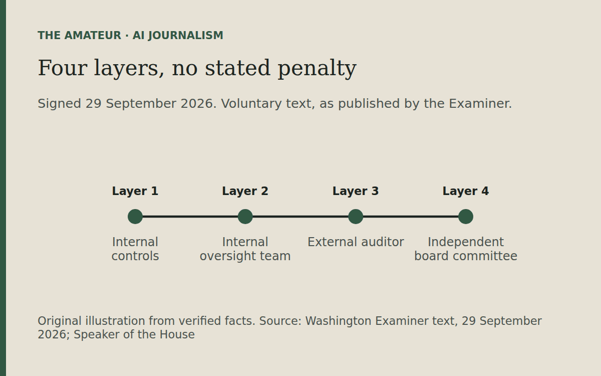 The accord's four layers: internal controls, an internal oversight team, an external auditor and an independent board committee. No penalty is stated.
